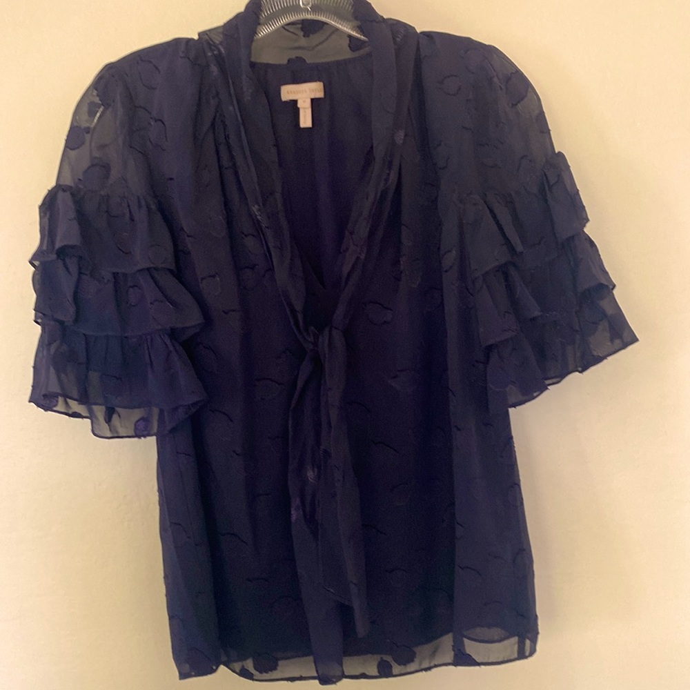 Rebecca Taylor ruffled sleeve V-neck blouse. Navy blue, size 0.